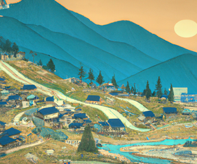 Ukiyo-e painting of a mountainside village